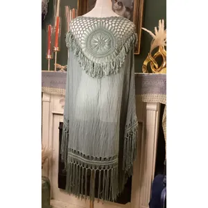 Easel Sage Green Crochet Fringe Poncho Gauze Top Small thumbnail 5