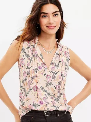 NWT Loft Floral Pintuck Ruffle Tie Neck Mixed Media Shell Top thumbnail 1