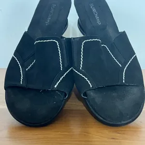 Eurostep Allspice Black Leather Wedge Sandals Slides White Stitching Womens‎ 9M thumbnail 4