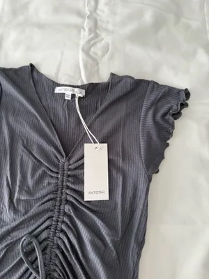 Grey Shirring Tie Detail Rib Knit Crop Top thumbnail 4
