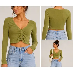 Me To We Olive Green Ruched Crop Top XS Long Sleeve Boho Y2K thumbnail 2