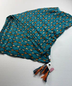 Tickled‎ Pink Teal Retro Tassel Scarf 100% Cotton Geometric Print NWT 20x70" thumbnail 1