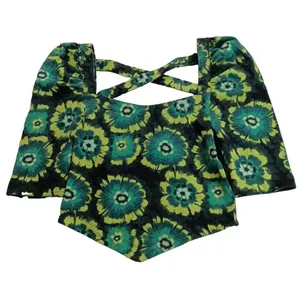 Free People Retro Hippie Green Square Neck Puff Sleeve Bandana Original! Small‎ thumbnail 1