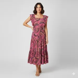 Farm Rio Wild Bananas Print Square Neck Ruffled Tiered Midi Dress Size Medium thumbnail 2
