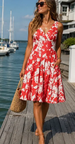 Ralph Lauren Red & White Floral V-Neck Midi Dress with Pockets thumbnail 1