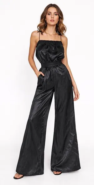 Vintage Black Satin Jumpsuit Smocked Waist Palazzo Leg Minimalist Cocktail Party thumbnail 1