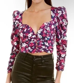 For Love‎ & Lemons Penny Purple Floral Ruched Puff Sleeve Crop Top Small Revolve thumbnail 1