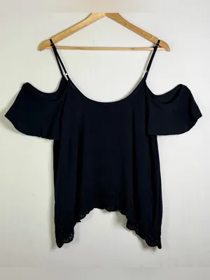 Abercrombie & Fitch Women’s L Black Eyelet Cold Shoulder Blouse Y2K Boho Cottage thumbnail 7