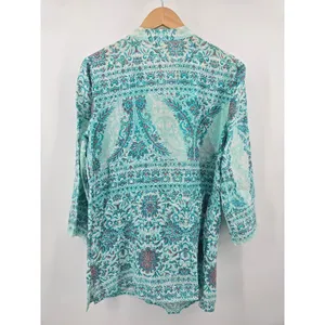 Charter Club Linen Tunic Womens M Luxury Paisley Turquoise‎ Beaded V-Neck EUC thumbnail 3