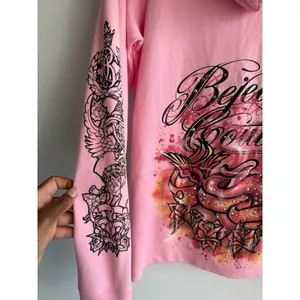 Bejeweled by Susan Fixel Pink Tattoo Graphic Rhinestone Zip Up Hoodie Womens y2k thumbnail 7