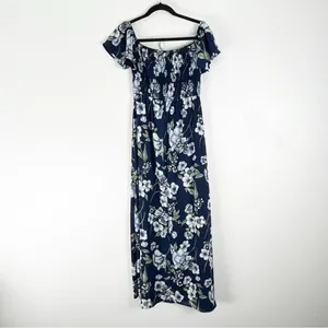 ALTAR’D STATE Blue Floral Smocked Bodice On/Off Shoulders Side Split Dress Small thumbnail 2