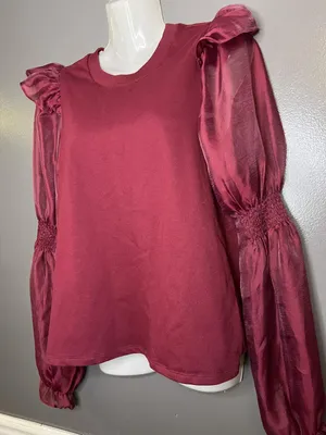 Anthropologie Blouse Womens Small Red Sheer Puff Balloon Sleeve Jersey Top thumbnail 4