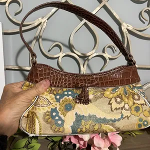 Liz Claiborne Purse Small Alligator Look Strap Floral Brown Gold Shoulder Bag thumbnail 9