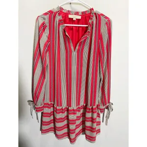 Loft Red White‎ Striped Drop Waist Mini Dress Long Sleeve Tie Cuff XS thumbnail 2