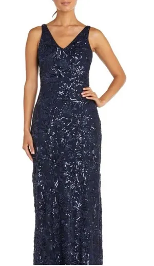 R&M Richards Navy Sequin V-Neck Evening Gown Maxi dress NWT Size 16 wedding thumbnail 1