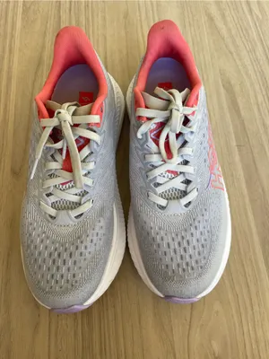 Hoka Women's Light Gray Running Shoes with Coral & Lavender Accents thumbnail 2