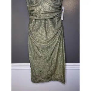 Maggy London Dress Womens 4 Gold Metallic Chevron Ruched V Neck Sheath Midi thumbnail 3