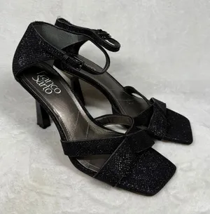 Franco Sarto Rania Black Glitter Square Toe Sculptural Heel Sandals‎ Womens 8M thumbnail 1