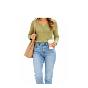 Aerie Top Womens Size M Ribbed Henley Long Sleeve Green Y2K Casual Comfort thumbnail 9