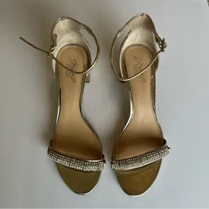Gold with Rhinestones Ramsay Jewel Badgley Mischka Open Toe Block Heels Size 10 thumbnail 2
