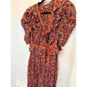 Ulla Johnson Lisette Rust Blue Floral Puff Sleeve Ruffle Wrap Midi Dress thumbnail 5