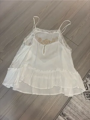 Francesca's White Lace and Nude Embroidery Tank - Size: Small thumbnail 3