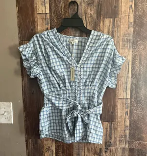 Max Studio New Ruffle Tie Front Blue Plaid Blouse Women’s Size small thumbnail 2