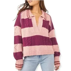 ✨Free People Pembrook Sz Medium Sweater in Moody Pink Combo Striped Cotton✨ thumbnail 4