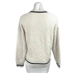 Shein Women's Knit Ribbed Cream V-Neck Long Sleeves Pullover Sweater Top Size 6 thumbnail 2