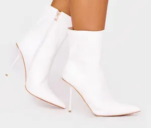 PrettyLittleThing‎ White PU Point Toe Mid Heeled Ankle Sock Boot Sz 9 Stiletto thumbnail 1