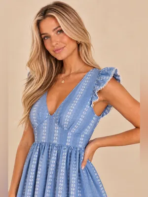 Peyton & Parker Chambray Floral Embroidered Flutter Sleeve Mini Dress Small thumbnail 2
