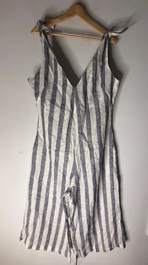 Scar Linen white blue Striped Palazzo Leg Jumpsuit Medium NWT thumbnail 1