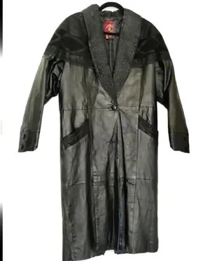 Vintage Black Leather Long Coat Size M petite thumbnail 1