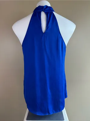 Naked Zebra Royal Blue Satin Halter Top Medium Tie Neck Keyhole Blouse Silky thumbnail 4