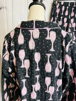Charter Club Intimates Pajama Set Sz L Black Pink Wine Glasses Fleece Pockets thumbnail 8