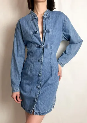 Guess vintage 90s blue chambray chinese knot button down long sleeve mini dress by thumbnail 2