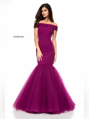 Sherri Hill Off-the-Shoulder Mermaid Gown in Plum Purple thumbnail 2