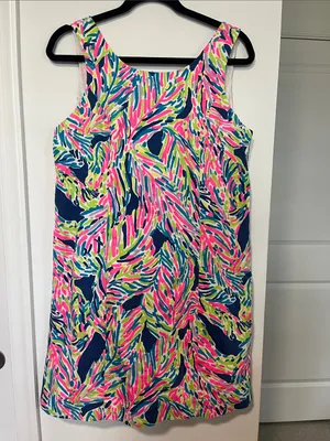 Lilly Pulitzer Cathy Shift Dress (Sz 10) Indigo Palm Reader Cotton Mini Hot Pink thumbnail 3