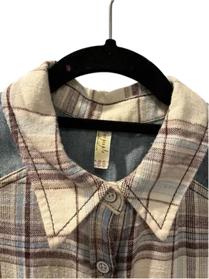 Free People Road Trip Getaway Plaid Flannel Denim Button Up Shirt Size Medium thumbnail 2