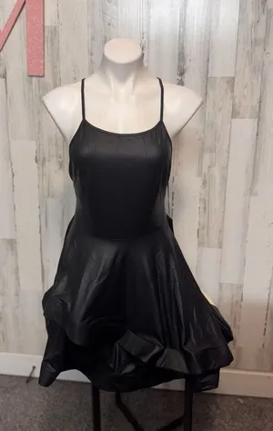 Eta Faux Leather Mini Dress Womens Medium Black Strappy Back Bubble Hem NWT thumbnail 1