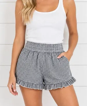 Rachel Zoe gingham ruffled trim smocked short M thumbnail 1
