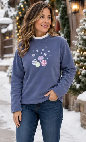 Cozy Blue Christmas Ornament Fleece Sweatshirt Mock Neck Holiday Top Medium thumbnail 1