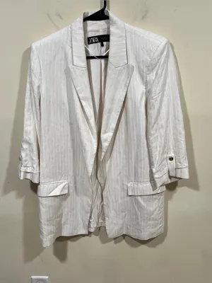 Zara pinstriped linen-blend blazer folded three-quarter sleeves front flap S thumbnail 2