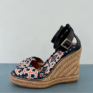 Tory Burch Criss Cross Blue & Orange‎ Canvas Espadrille Jute Wedge Sandals thumbnail 4