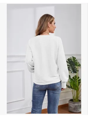 NEW White Long Sleeve Plisse V Neck Career Blouse Shirt L thumbnail 2