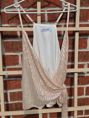 Grace Karin Rose Gold sequin Camisole Wrap top with Tie Side Small thumbnail 2