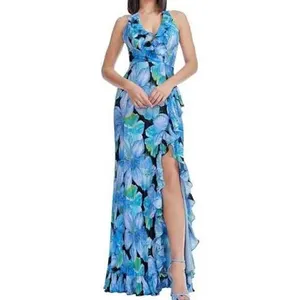 Dress the Population Womens Dress Small Cobalt Multi Kathleen Floral Halter Gown thumbnail 2