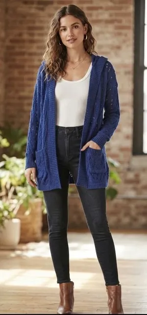 Free People Alpaca Blend Hooded‎ Cardigan Blue Pointelle Knit Long Sweater XS thumbnail 1