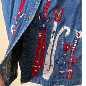 Vintage Dressbarn Womens‎ Large Denim Vest Patriotic Cat Embroidered Star Blue L thumbnail 6