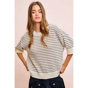 BiBi Stripes Short Sleeves Rib Banded Outseam Knit Top‎ - Cream/Grey - Medium thumbnail 5